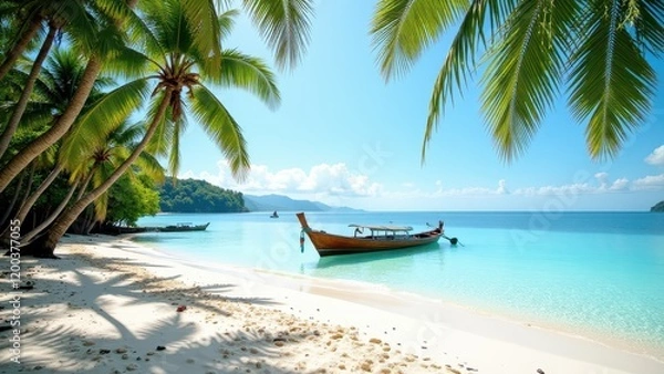Fototapeta A vibrant turquoise ocean cradles a sleek long-tail boat heading towards a sunlit, pristine white-sand beach, with inviting pebbles dotting its edge