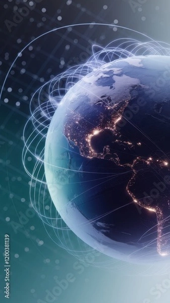 Fototapeta A detailed view of Earth from space, showcasing glowing city lights and a network of digital connections representing global communication.