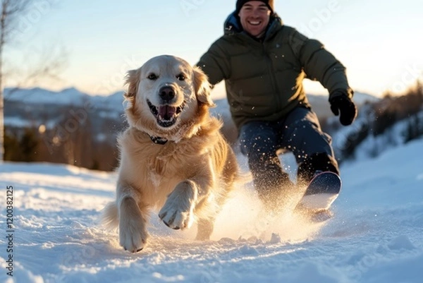 Fototapeta A cheerful golden retriever races down a snowy hill alongside its snowboarding partner, encapsulating the joy of winter play in a picturesque landscape during sunset.