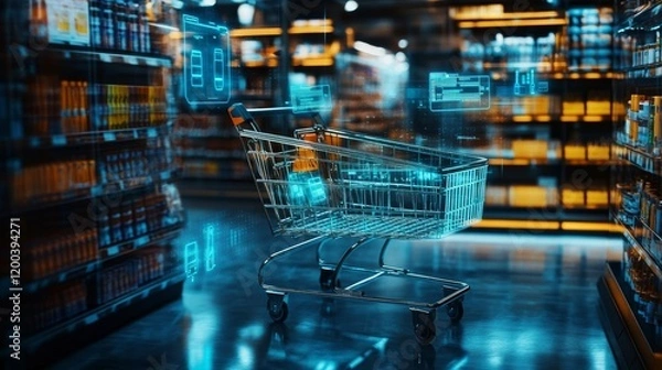 Obraz A shopping cart surrounded by interactive holographic product previews and digital price tags, ultra detailed