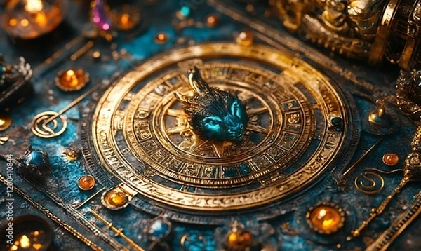 Fototapeta Close-up of an ornate, golden compass with a turquoise dragon head at its center, resting on a dark, intricately designed surface.