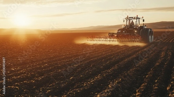 Fototapeta An ultra detailed, photorealistic image of a futuristic seeding machine planting crops in a barren