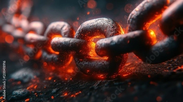 Fototapeta Close view of metallic chain links glowing with molten orange and red heat against a dark background, creating a striking contrast and captivating visual effect