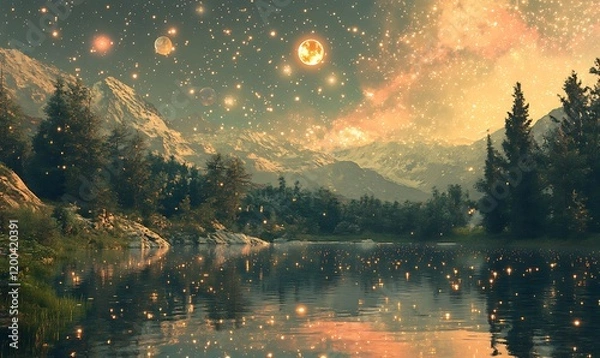 Obraz Magical lake nestled in a mystical mountain range under a starry sky with planets.