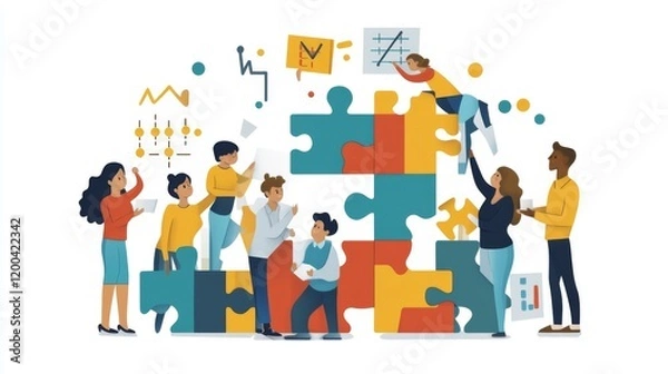 Fototapeta Flat design, 2D illustration of a diverse team assembling a jigsaw puzzle with growth charts as pieces
