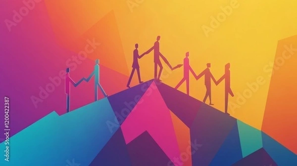 Fototapeta Flat design, 2D illustration of a team walking across a bridge made of upward arrows
