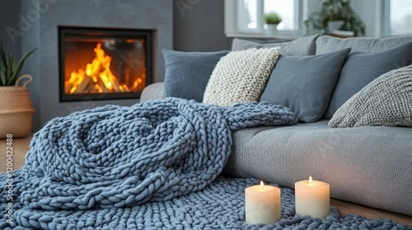 Fototapeta A warm and inviting living room features a comfortable sofa adorned with decorative pillows. A thick blue blanket lies draped over the couch, while two lit candles glow gently nearby