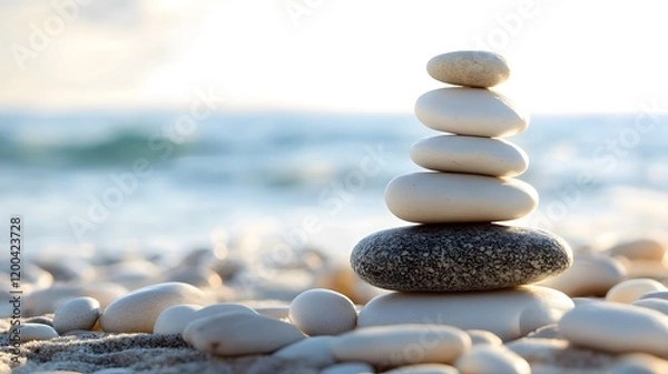 Fototapeta Balanced stones on beach at sunset; ocean background; serenity, meditation
