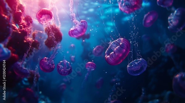 Fototapeta Colorful jellyfish, displaying shades of purple and blue, drift through the air