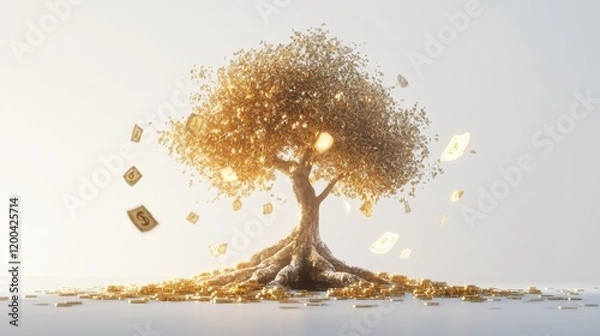 Obraz A conceptual tree with roots of gold bars, a trunk made of financial symbols