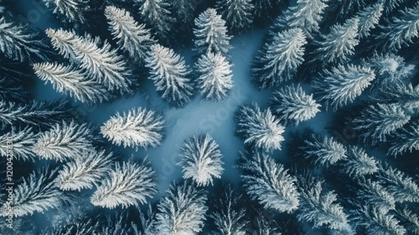 Fototapeta Aerial view of snow-covered pine forest in winter. Ideal for nature or winter-themed designs