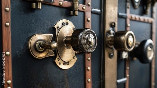Fototapeta Antique locks and knobs on a decorative door.