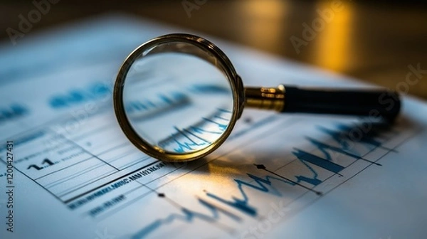 Fototapeta A magnifying glass rests on a financial report, focusing on detailed graphs and data trends. The setting suggests meticulous analysis of business performance metrics