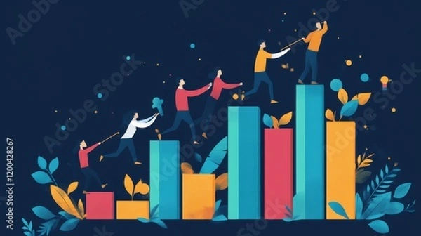 Fototapeta Flat design, 2D illustration of professionals passing a baton up a line of growing bar charts