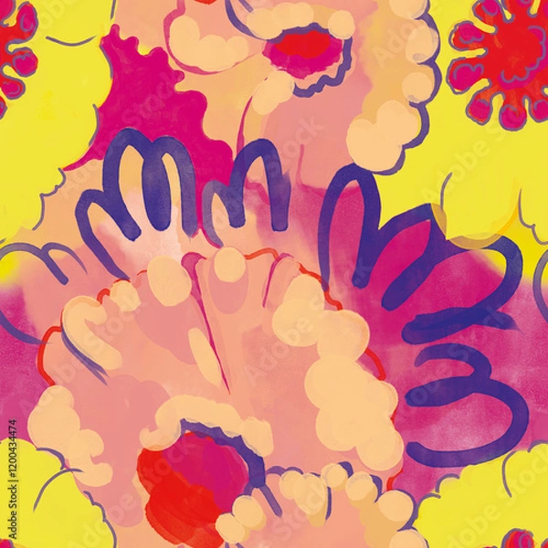 Obraz Seamless pattern with wild abstract flowers in digital painting style.