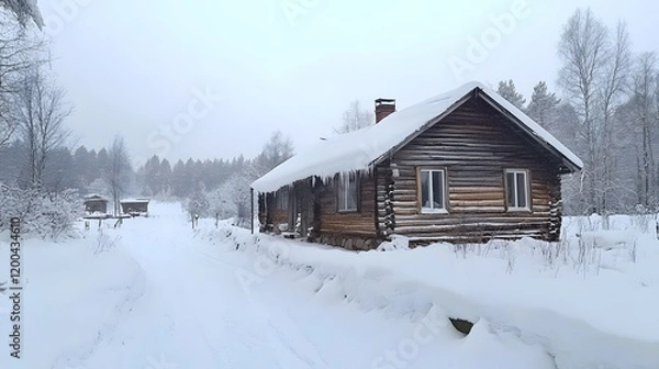 Fototapeta Snowy rustic cabin winter landscape, rural scene, tranquil background, ideal for winter travel brochures