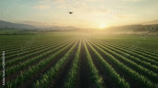 Obraz Ultra detailed, photorealistic dawn on a farm filled with rows of onions