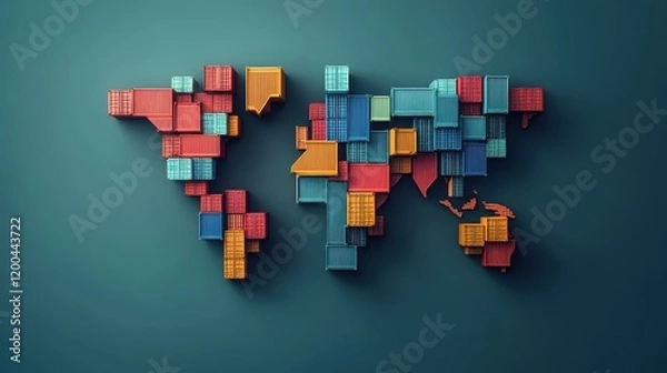 Fototapeta Abstract illustration of a world map made from shipping containers, symbolizing interconnected global logistics