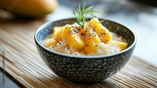 Fototapeta Mango sticky rice with ripe mango slices and creamy coconut sauce, placed elegantly in a bowl on a bamboo mat with a white backdrop.