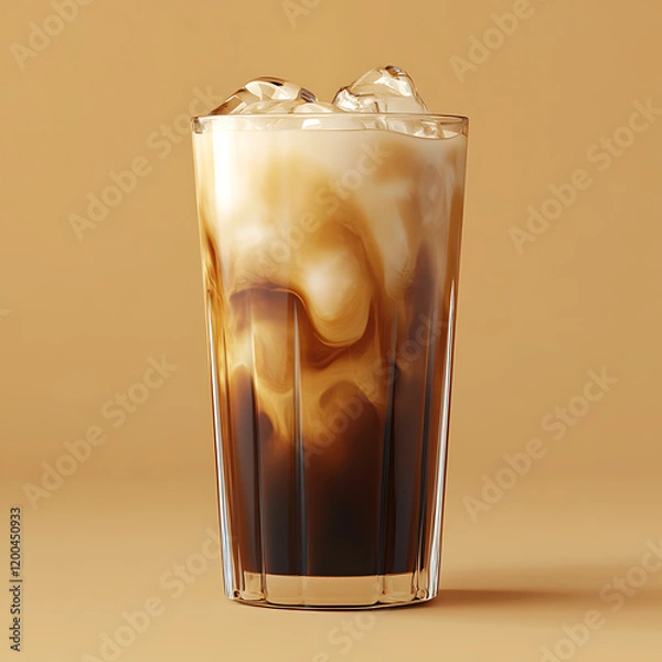 Obraz tall glass of cold brew coffee with ice, showcasing rich swirls of cream and coffee. warm background enhances inviting look of this refreshing beverage