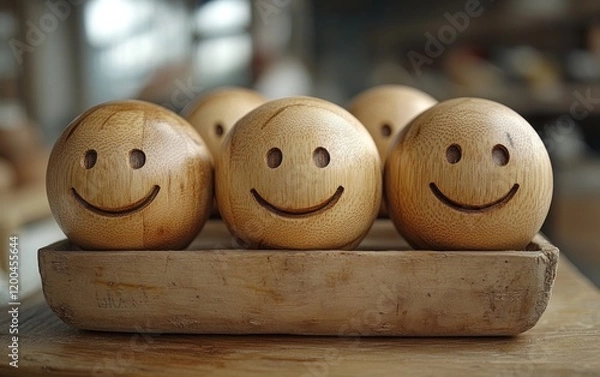 Fototapeta Wooden Emoticon Balls Illustration Customer Satisfaction Evaluation and Feedback Concepts for Business