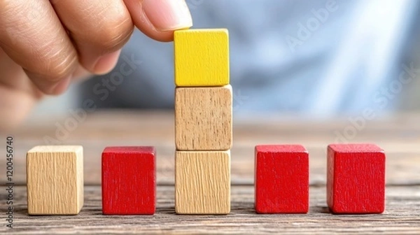 Fototapeta Hand Placing Yellow Block on Wooden Tower Building Success Strategy