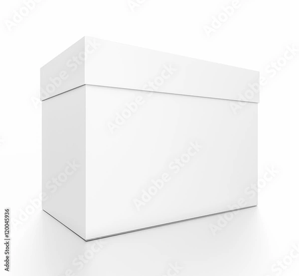 Obraz White horizontal rectangle blank box with cover from front side angle.