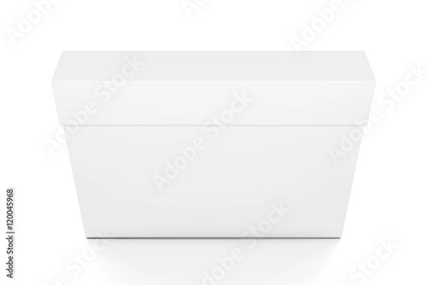 Fototapeta White thin horizontal rectangle blank box with cover from top front closeup angle.