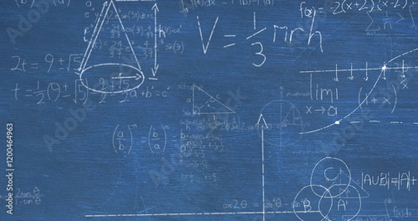 Fototapeta Image of layers of mathematical formulae and equations over blue chalkboard