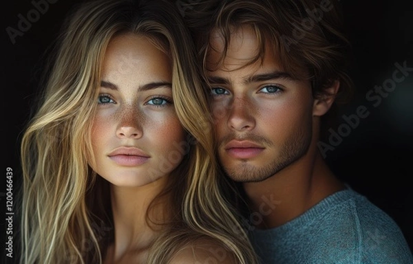 Fototapeta Smiling Young Couple in Eyeglasses Posing Confidently in Casual Attire Against a Minimalist Background