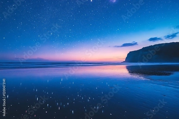 Obraz Serene twilight beach scene under a starry sky, reflecting the colors of sunset in the calm ocean waters.