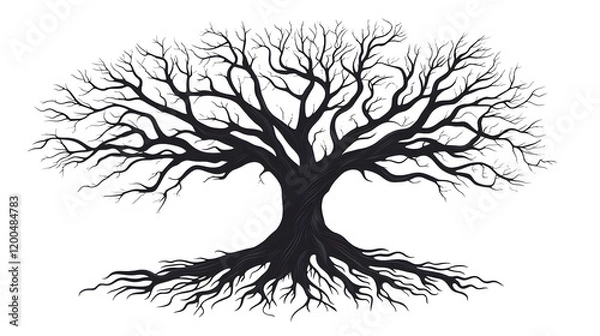 Obraz roots of a tree stylised ornemental style black and white white background symetrical composition no shading vector style celtic Yggdrasil