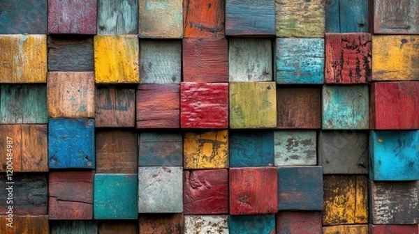 Fototapeta Colorful rustic wooden cube wall texture.