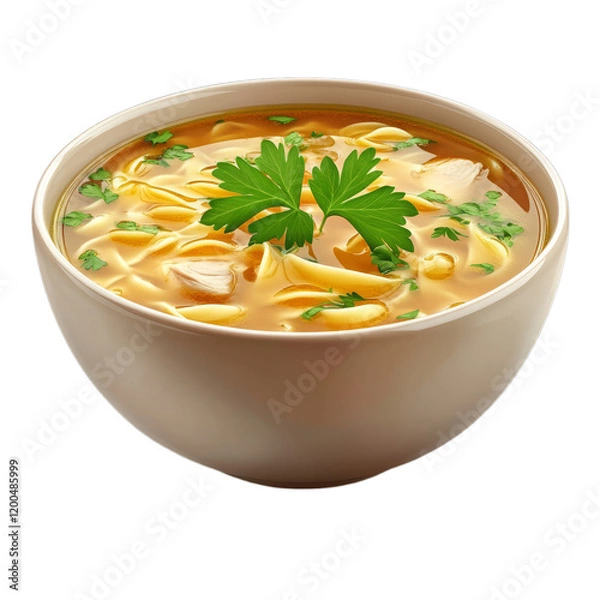 Obraz Delicious and Comforting Chicken Noodle Soup with Parsley Garnish in Ceramic Bowl Perfect for Cozy Dinners