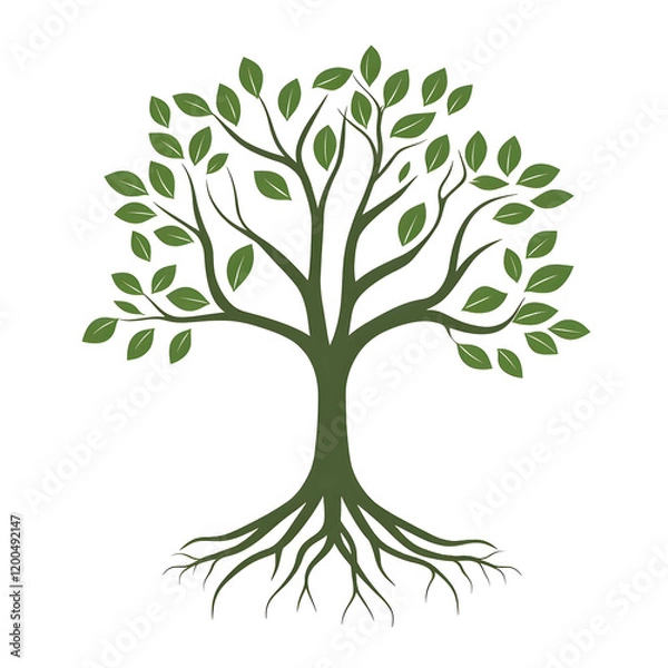 Fototapeta A vector tree with roots in a simple vector clip art style with a green design on a white background The tree has a simple solid shape with flat colors and solid li