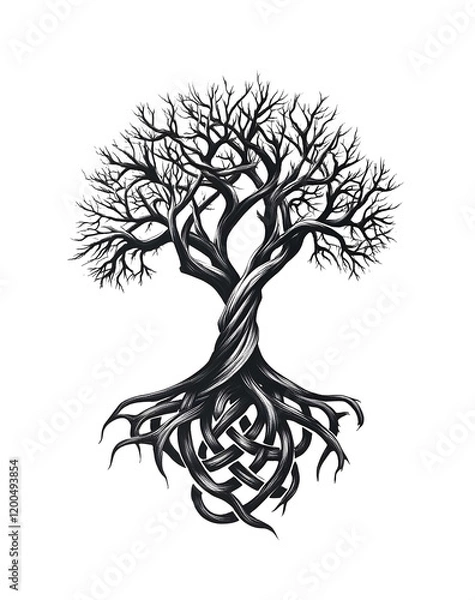 Fototapeta black and grey tattoo design of an oak tree with roots that form the runic characters F_ch white background no shadows no gradient