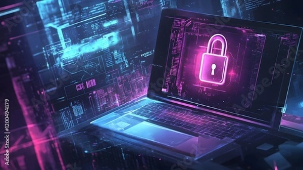 Fototapeta Laptop Displaying Digital Lock Security System
