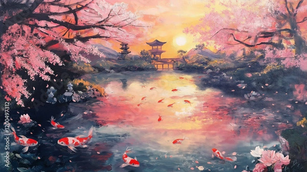 Fototapeta 桜と鯉の日本庭園｜印象派風の華やかな風景画