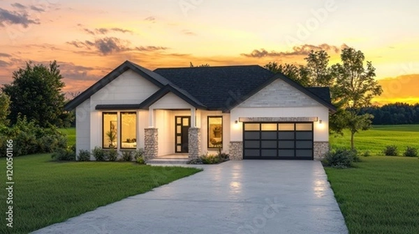 Fototapeta A modern single-story house in off-white and light gray tones