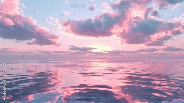 Obraz Soft lavender and pink clouds hovering over a still sea at dawn, blending harmoniously with the water's surface