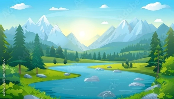 Fototapeta A picturesque mountain landscape with a winding river flowing through a lush green valley, surrounded by snow-capped peaks and a blue sky with white clouds.