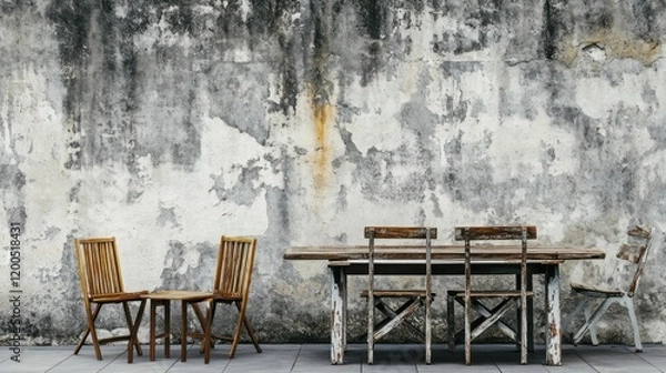 Fototapeta Rustic wooden table and chairs against weathered wall. (1)