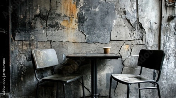 Fototapeta Two chairs and table against a weathered wall.