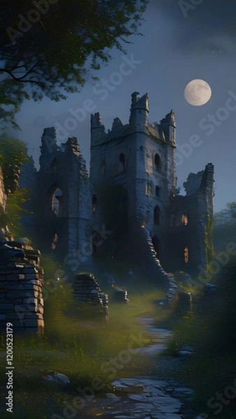 Fototapeta A partially ruined old castle at night, illuminated solely by soft and mystical moonlight. The castle should have crumbling walls, broken towers, and overgrown vegetation creeping over the stonework. 