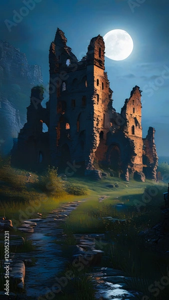 Fototapeta A partially ruined old castle at night, illuminated solely by soft and mystical moonlight. The castle should have crumbling walls, broken towers, and overgrown vegetation creeping over the stonework. 