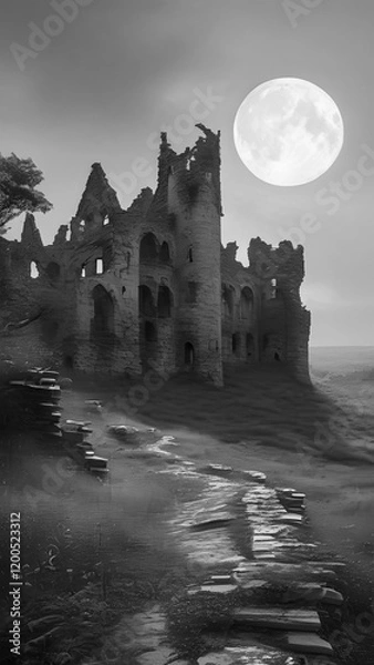 Fototapeta A partially ruined old castle at night, illuminated solely by soft and mystical moonlight. The castle should have crumbling walls, broken towers, and overgrown vegetation creeping over the stonework. 