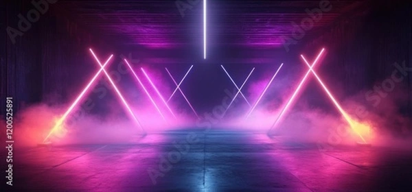 Obraz Futuristic Neon Stage with Glowing Geometric Shapes and Dynamic Lighting in Cyberpunk Style