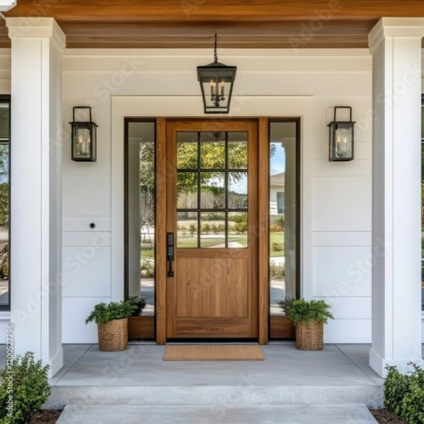 Obraz Elegant wooden front door of a modern house with glass side panels, decorative lanterns, and potted plants for a welcoming entryway.