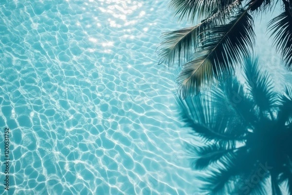 Obraz shadow of a palm tree on turquoise water and white sand, evoking tropical vibes, serenity, and a relaxing beach setting.
