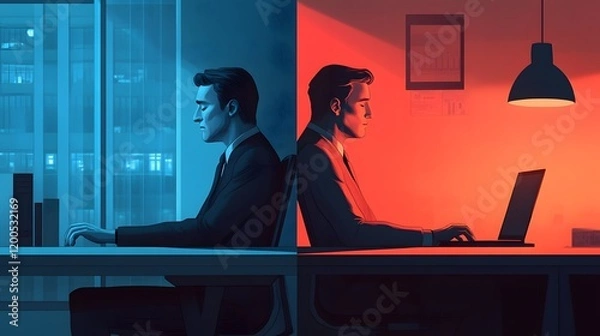 Fototapeta Two Businessmen Working Late at Night in Separate Offices